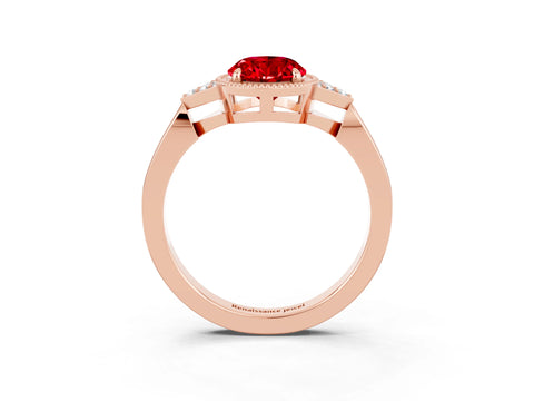 Rose gold Oval Cut Ruby Halo Ring with Tapered Band and Four-Prong Setting_3