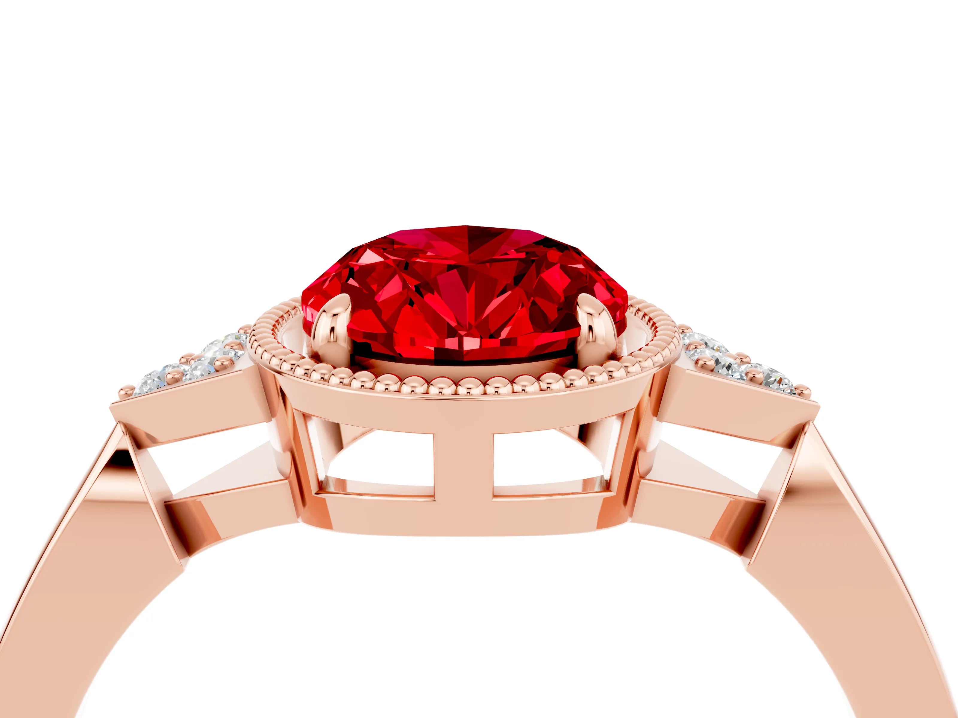 Rose gold Oval Cut Ruby Halo Ring with Tapered Band and Four-Prong Setting_4