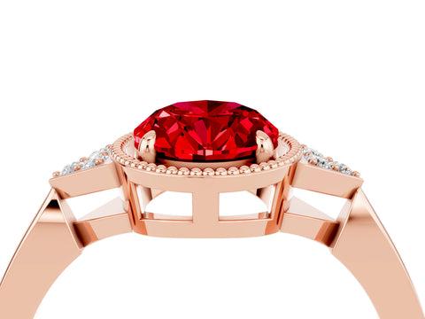 Rose gold Oval Cut Ruby Halo Ring with Tapered Band and Four-Prong Setting_4