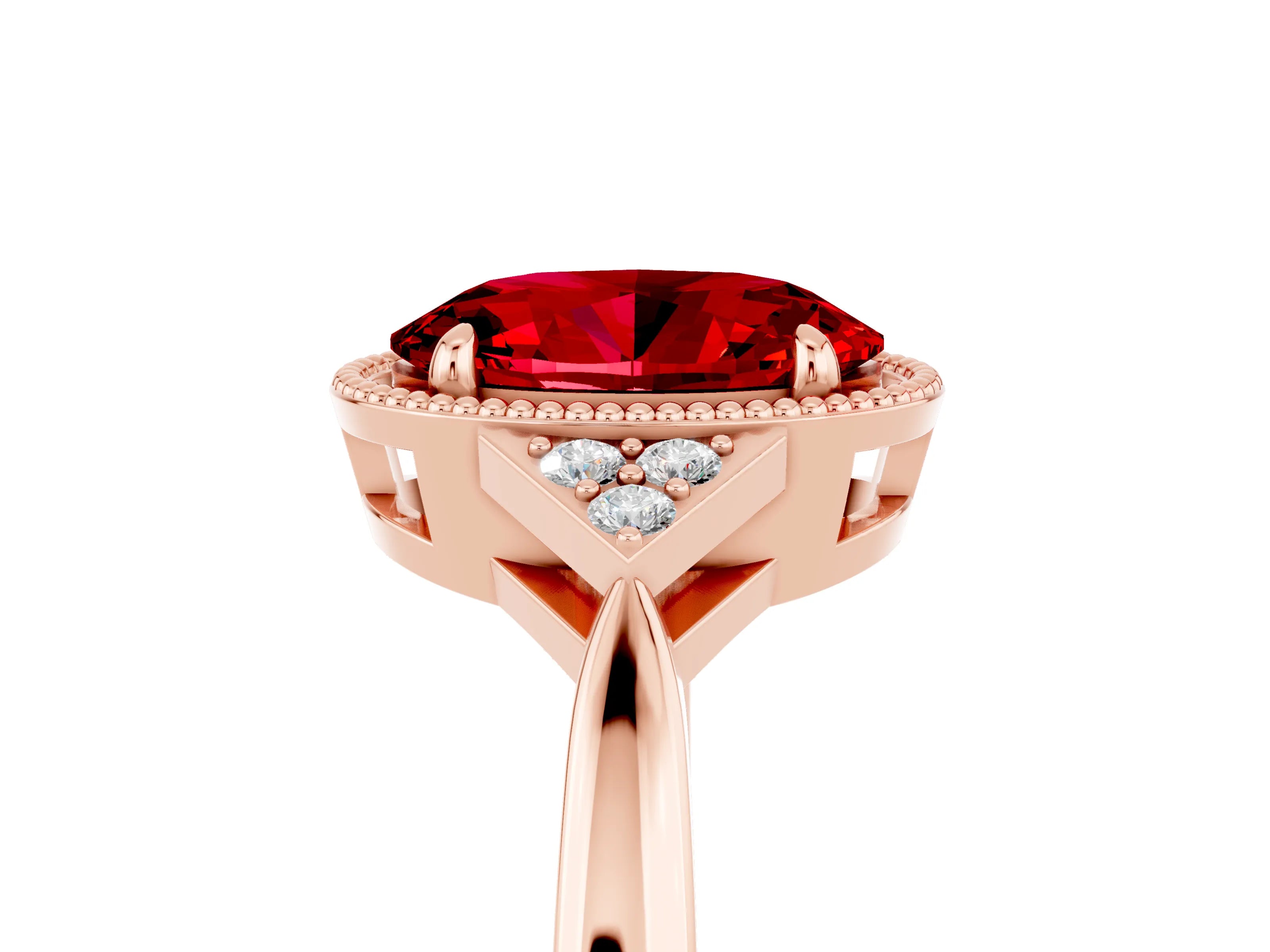 Rose gold Oval Cut Ruby Halo Ring with Tapered Band and Four-Prong Setting_5