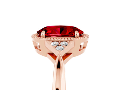 Rose gold Oval Cut Ruby Halo Ring with Tapered Band and Four-Prong Setting_5