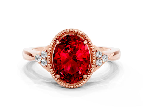 Rose gold Oval Cut Ruby Halo Ring with Tapered Band and Four-Prong Setting