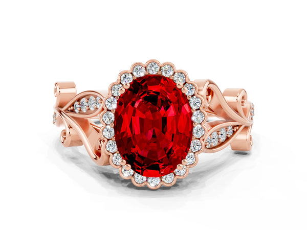 Rose gold Oval Cut Ruby Halo Ring with Vintage Split Shank and Four-Prong Setting