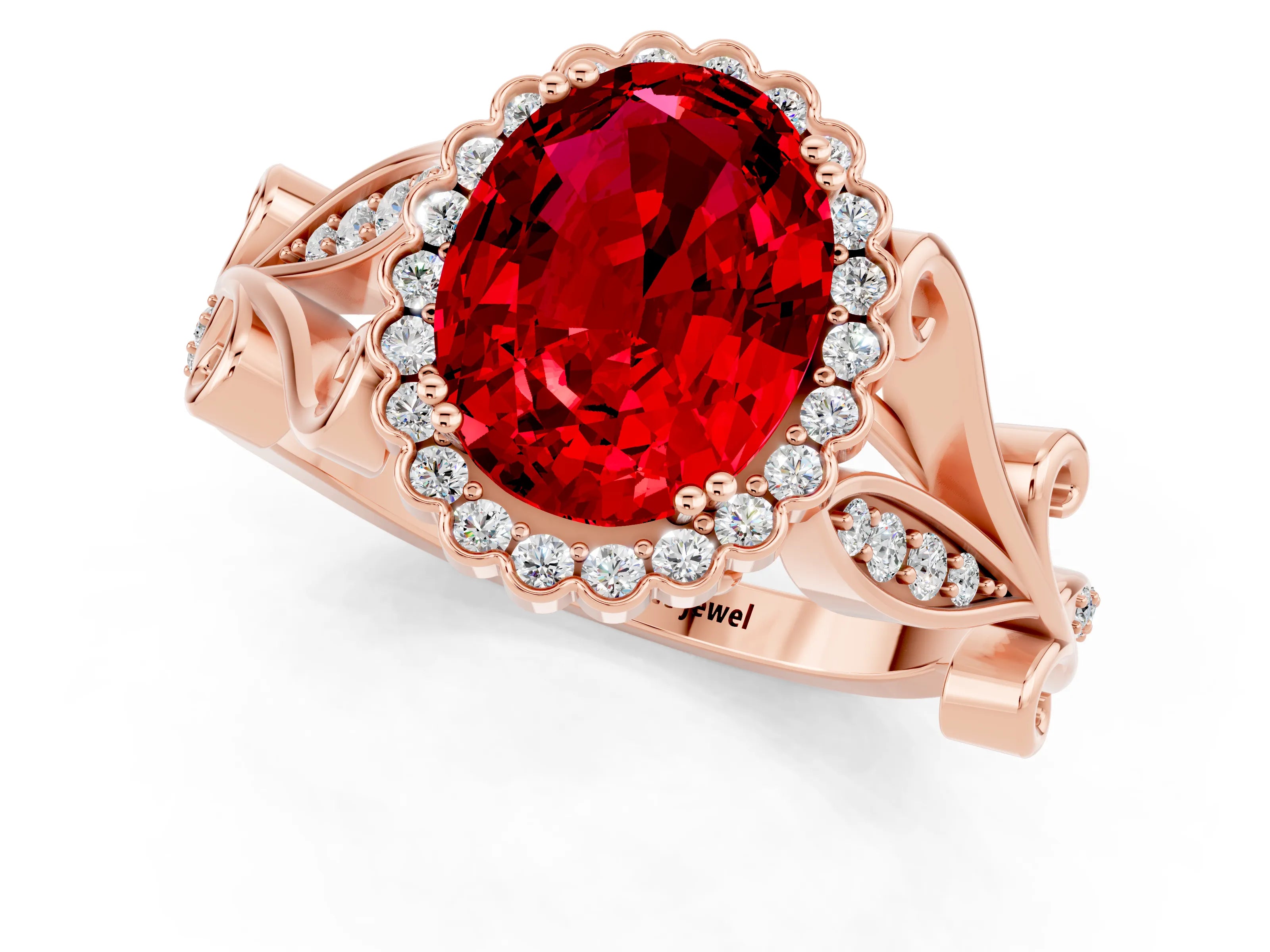 Rose gold Oval Cut Ruby Halo Ring with Vintage Split Shank and Four-Prong Setting_1