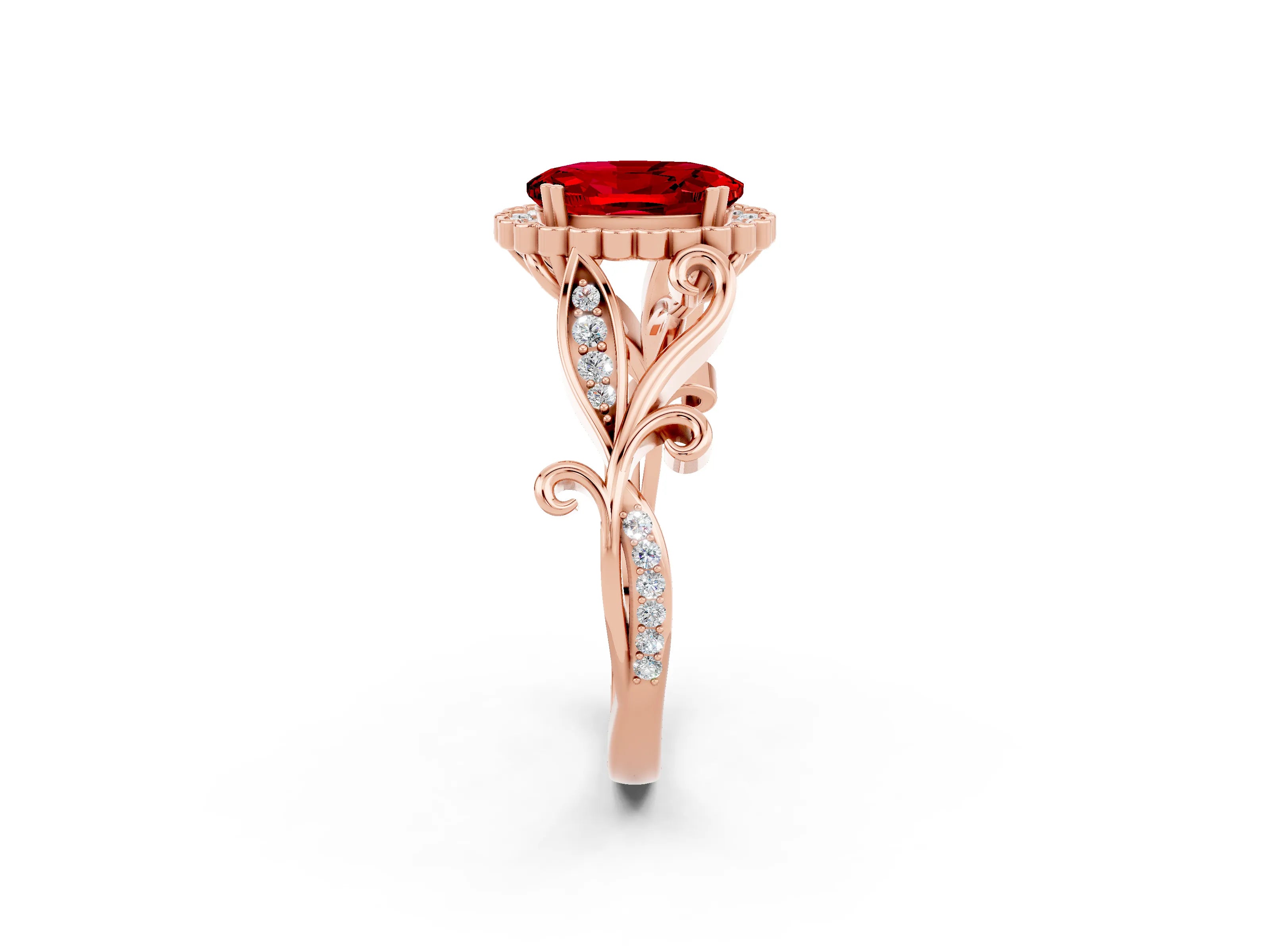 Rose gold Oval Cut Ruby Halo Ring with Vintage Split Shank and Four-Prong Setting_2