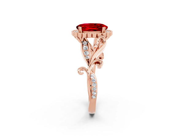 Rose gold Oval Cut Ruby Halo Ring with Vintage Split Shank and Four-Prong Setting