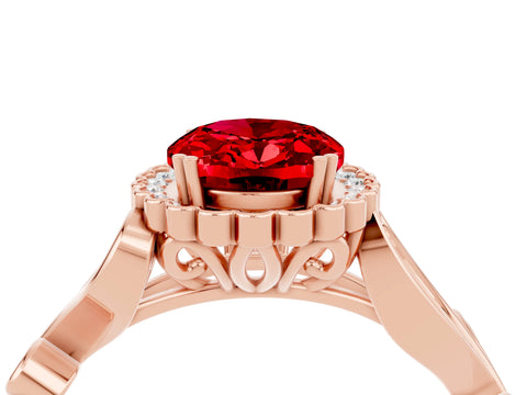 Rose gold Oval Cut Ruby Halo Ring with Vintage Split Shank and Four-Prong Setting_4