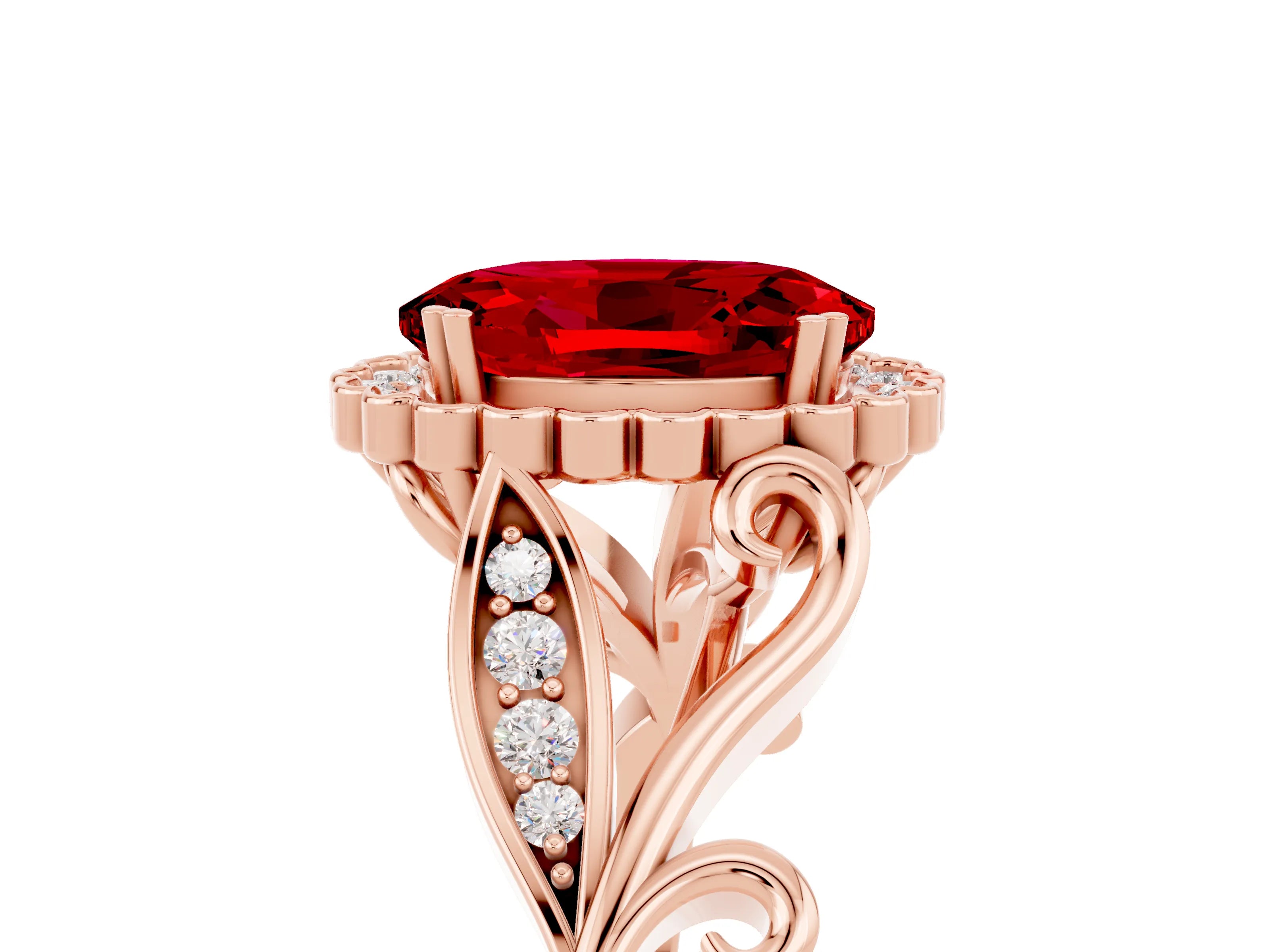 Rose gold Oval Cut Ruby Halo Ring with Vintage Split Shank and Four-Prong Setting_5