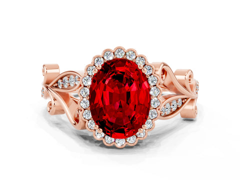 Rose gold Oval Cut Ruby Halo Ring with Vintage Split Shank and Four-Prong Setting