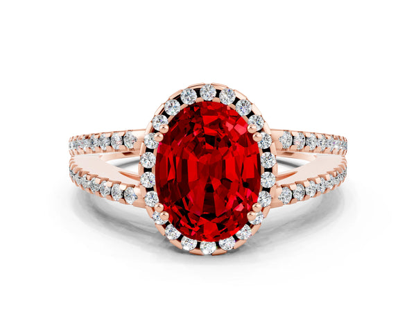 Rose gold Oval Cut Ruby Halo Split Shank Engagement Ring