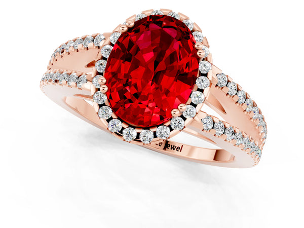 Rose gold Oval Cut Ruby Halo Split Shank Engagement Ring