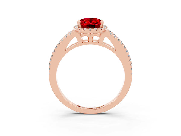 Rose gold Oval Cut Ruby Halo Split Shank Engagement Ring