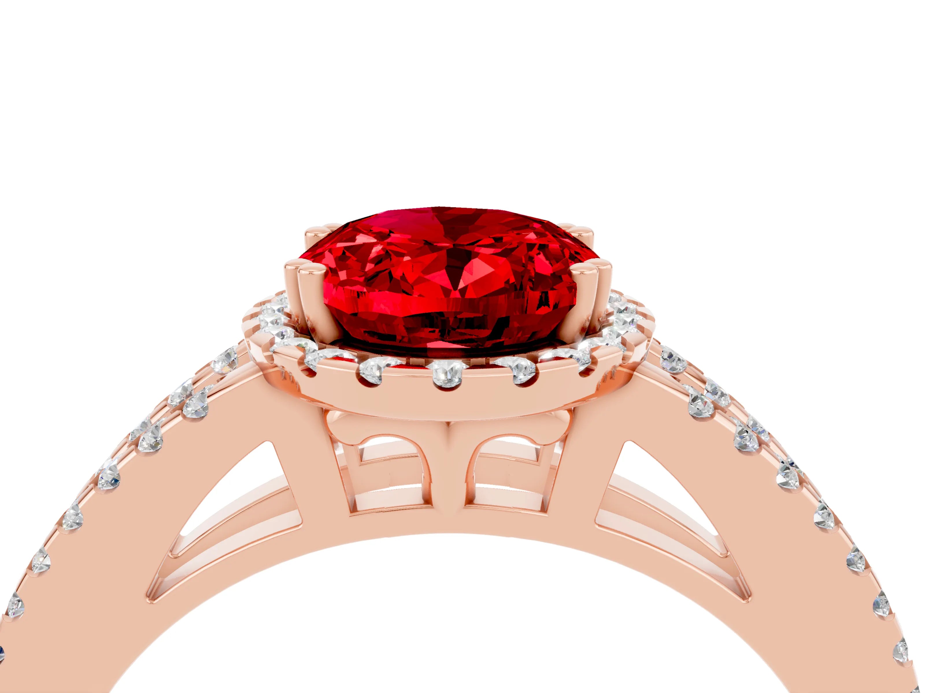 Rose gold Oval Cut Ruby Halo Split Shank Engagement Ring_16