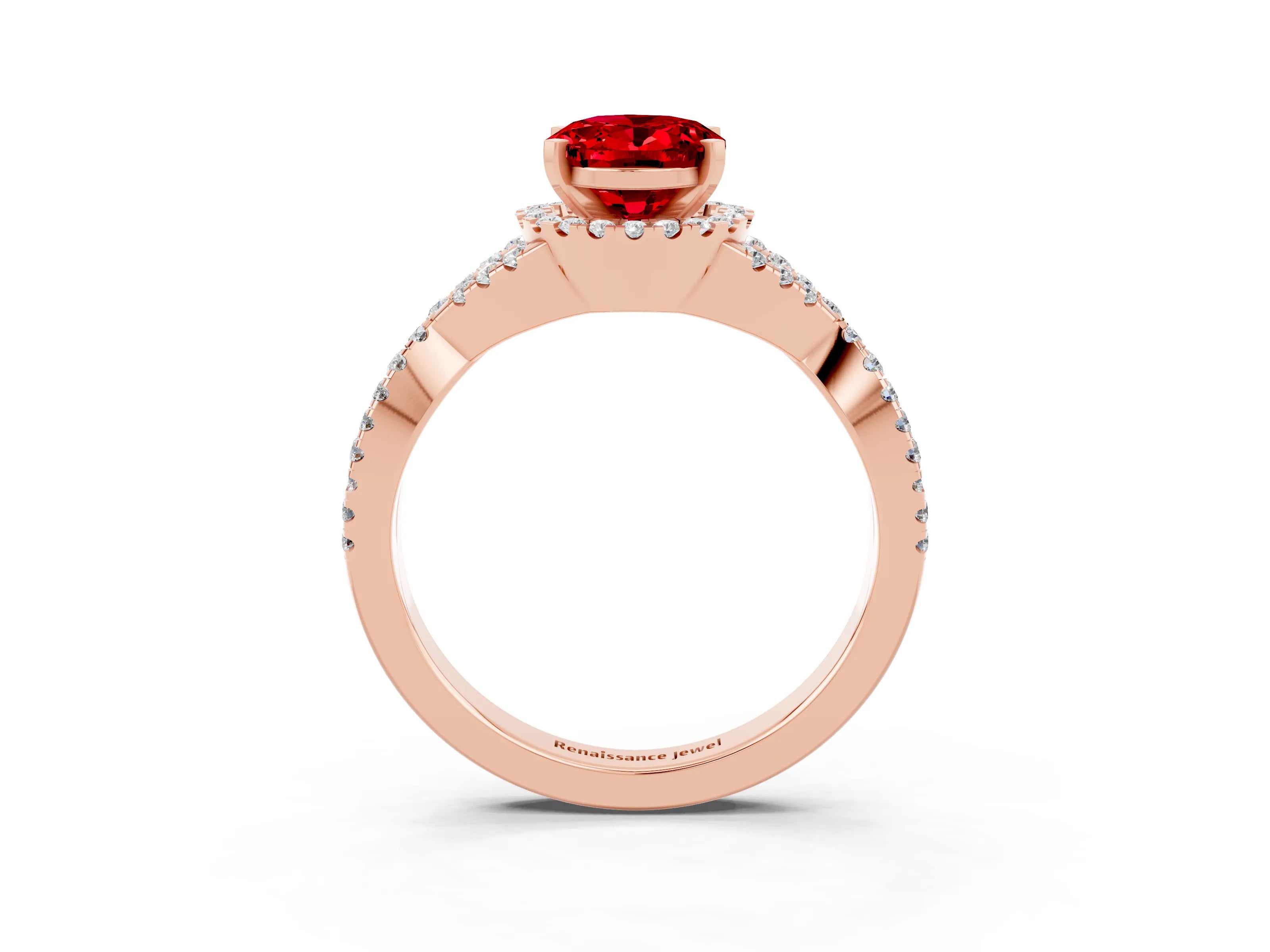 Rose gold Oval Cut Ruby Halo Twist Band Solitaire Prong Setting Ring_3