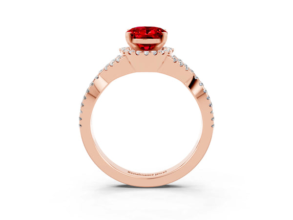 Rose gold Oval Cut Ruby  Halo Twist Band Solitaire Prong Setting Ring