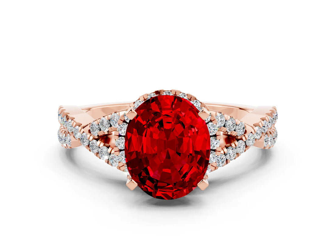 Rose gold Oval Cut Ruby  Halo Twist Band Solitaire Prong Setting Ring_36