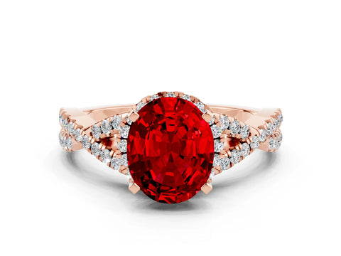 Rose gold Oval Cut Ruby Halo Twist Band Solitaire Prong Setting Ring
