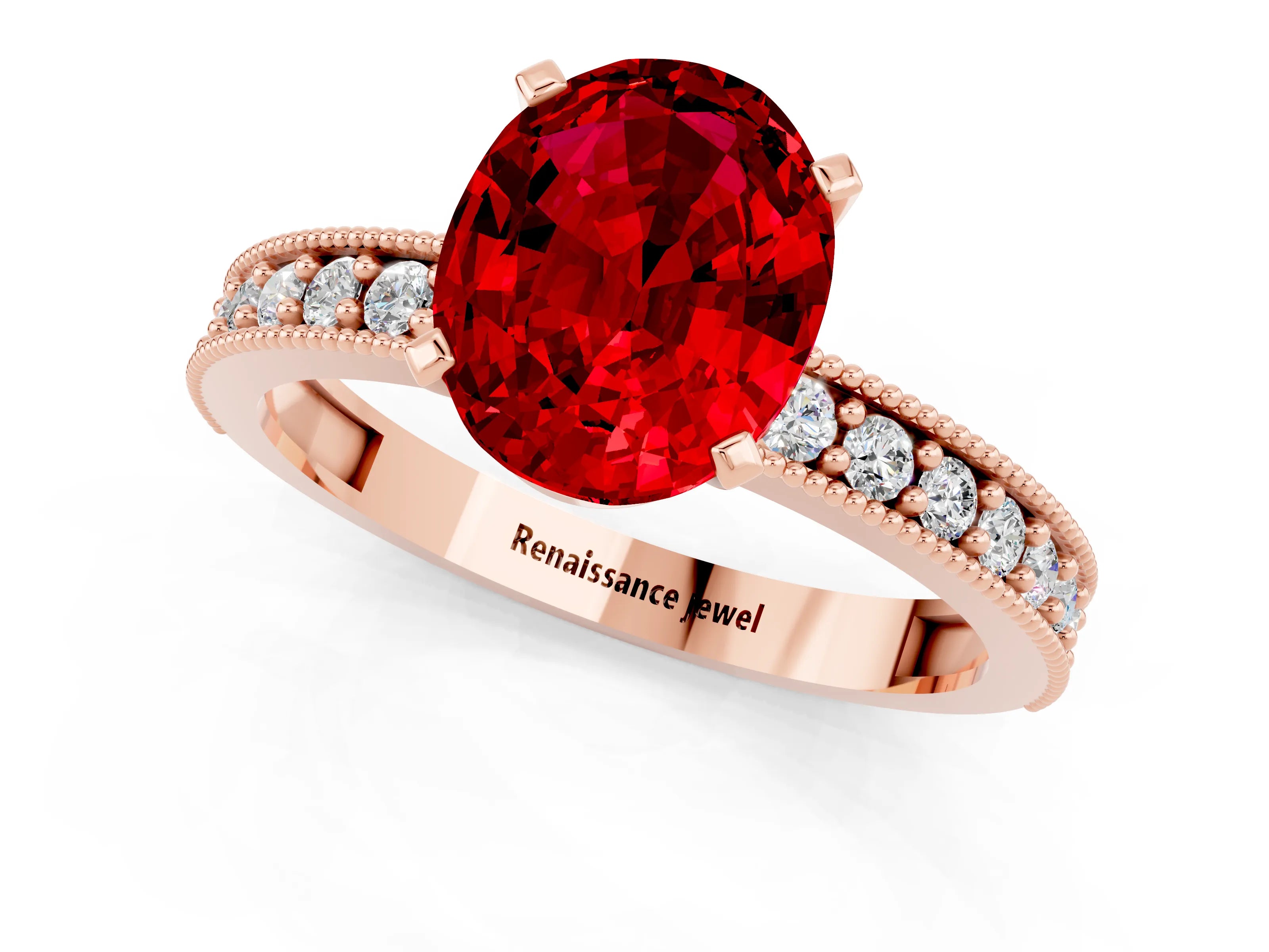 Rose gold Oval Cut Ruby Milgrain Pavé Engagement Ring with Four-Prong Setting_13
