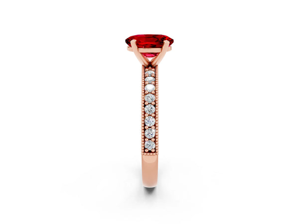 Rose gold Oval Cut Ruby Milgrain Pavé Engagement Ring with Four-Prong Setting