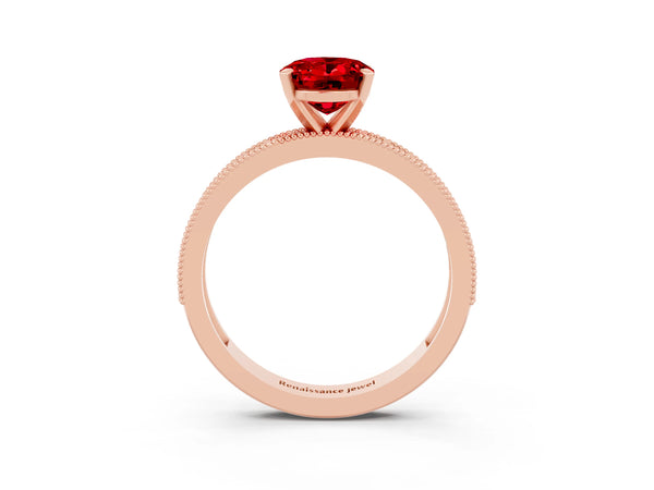 Rose gold Oval Cut Ruby Milgrain Pavé Engagement Ring with Four-Prong Setting