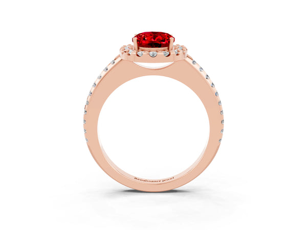Rose gold Oval Cut Ruby Pavé Halo Ring with Four-Prong Setting