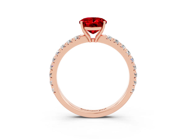 Rose gold Oval Cut Ruby Pavé Solitaire Engagement Ring with Four-Prong Setting