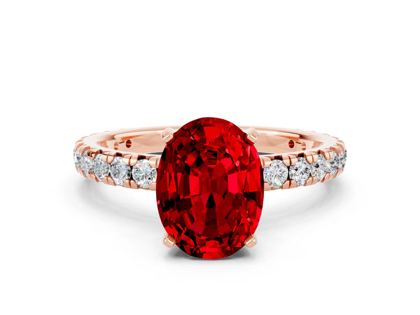 Rose gold Oval Cut Ruby Pavé Solitaire Ring with Round Band and Prong Setting