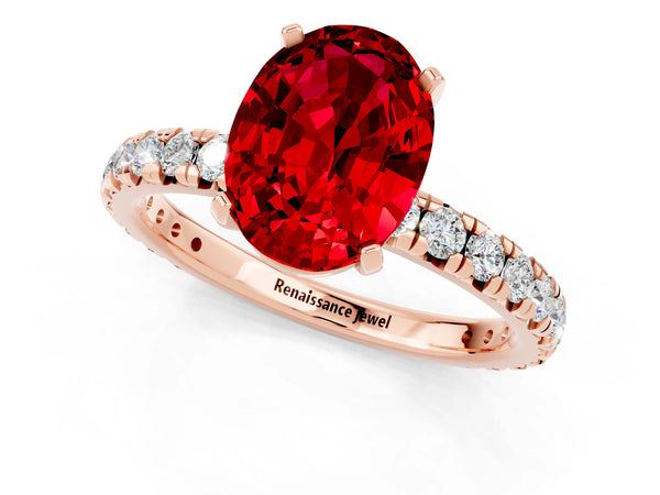 Rose gold Oval Cut Ruby Pavé Solitaire Ring with Round Band and Prong Setting