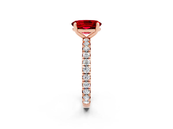 Rose gold Oval Cut Ruby Pavé Solitaire Ring with Round Band and Prong Setting