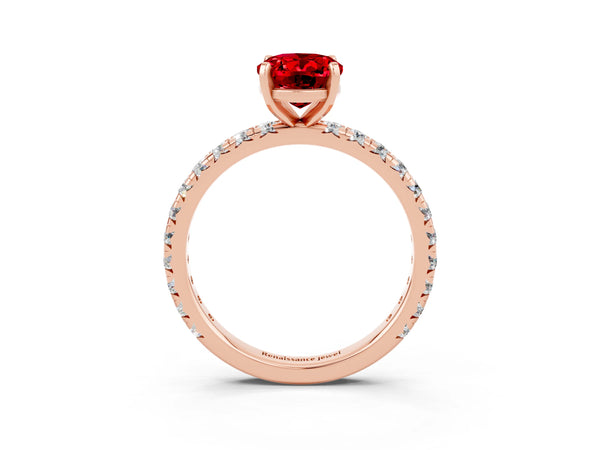 Rose gold Oval Cut Ruby Pavé Solitaire Ring with Round Band and Prong Setting