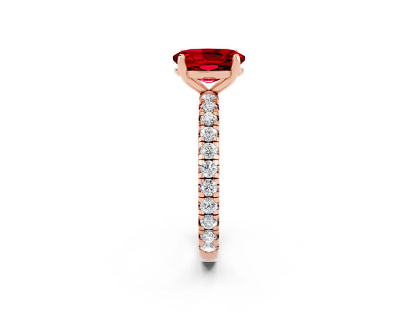Rose Gold Oval Lab-Grown Ruby Solitaire Engagement Ring with Shared Prong Pave Band