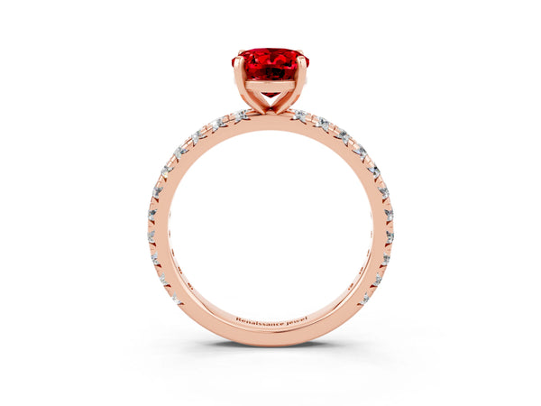 Rose Gold Oval Lab-Grown Ruby Solitaire Engagement Ring with Shared Prong Pave Band
