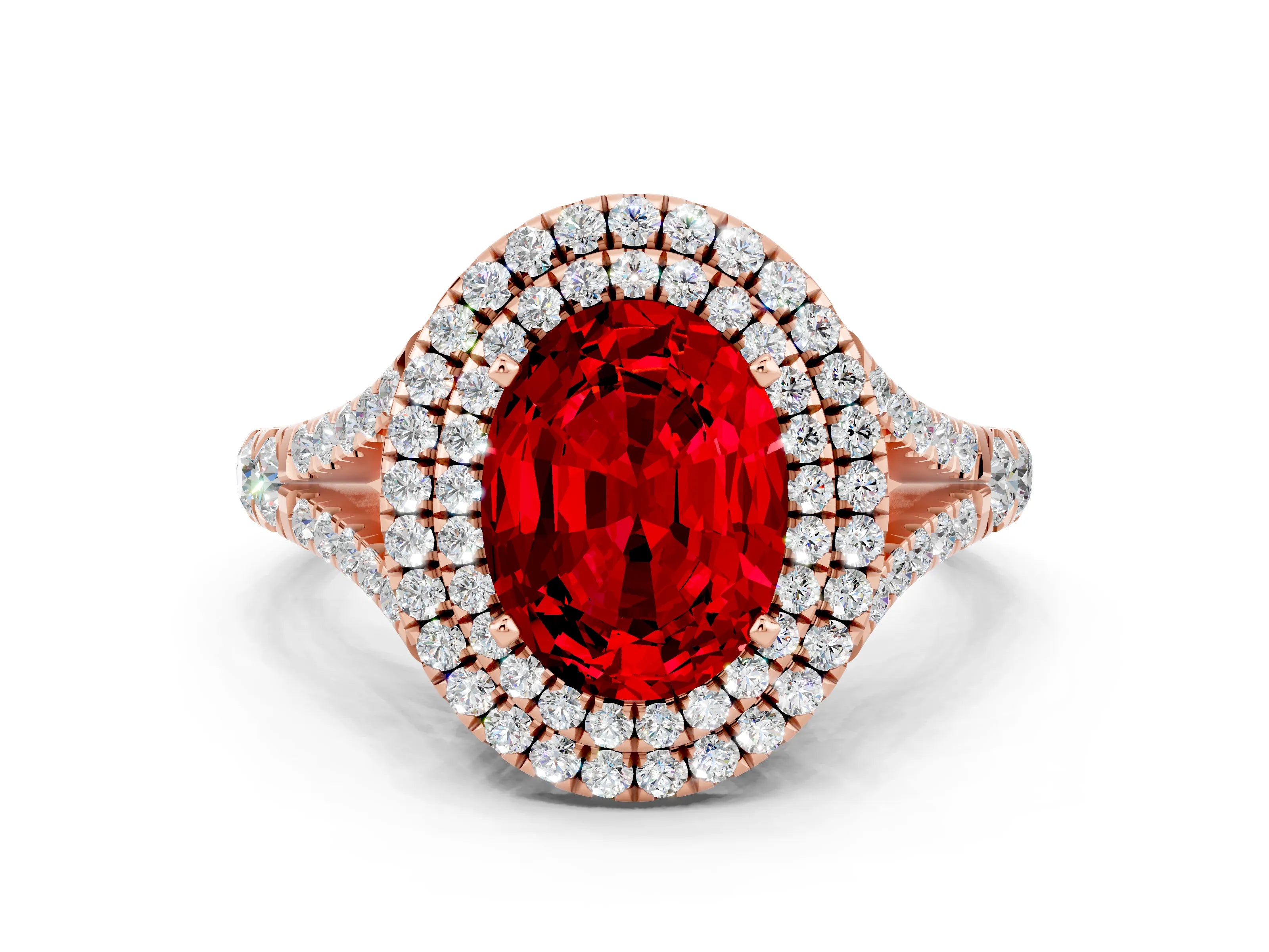 Rose gold Oval Cut Ruby Pavé Split Shank Double Halo Engagement Ring