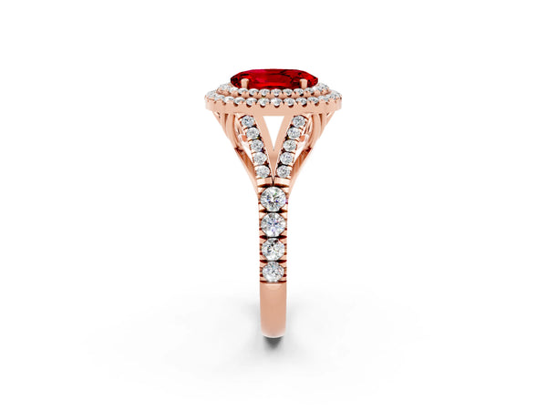 Rose gold Oval Cut Ruby Pavé Split Shank Double Halo Engagement Ring