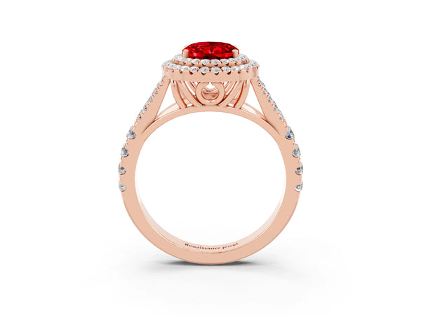 Rose gold Oval Cut Ruby Pavé Split Shank Double Halo Engagement Ring