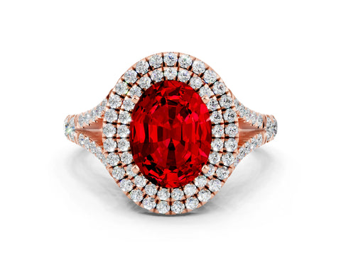 Rose gold Oval Cut Ruby Pavé Split Shank Double Halo Engagement Ring