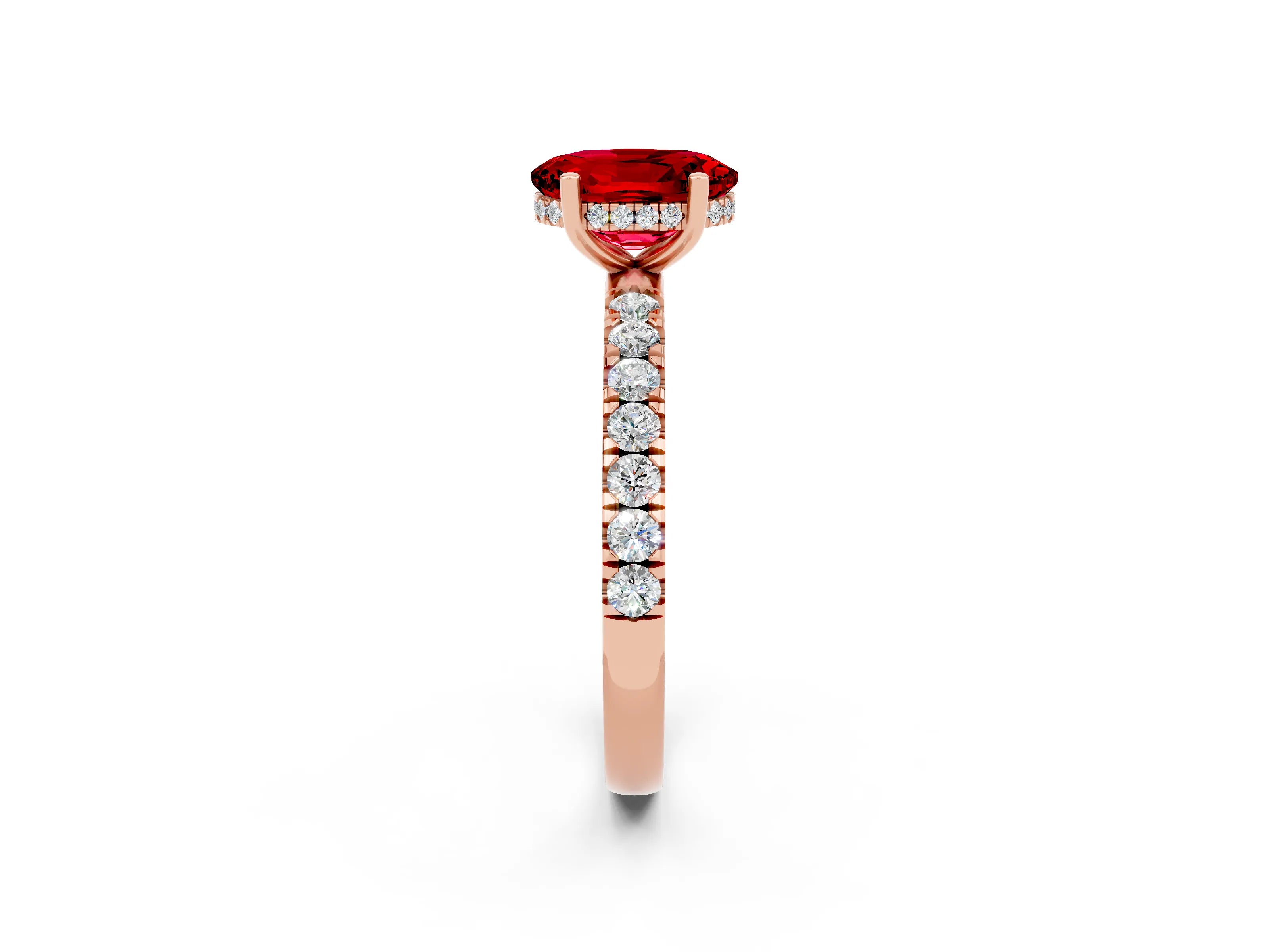 Rose gold Oval Cut Ruby Pave Band Solitaire Ring with Four-Prong Setting_26