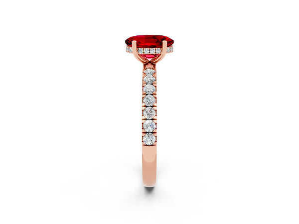 Rose gold Oval Cut Ruby Pave Band Solitaire Ring with Round  and Prong Setting