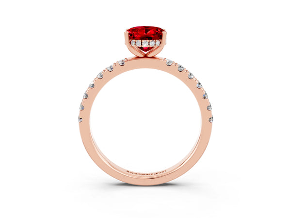 Rose gold Oval Cut Ruby Pave Band Solitaire Ring with Round  and Prong Setting