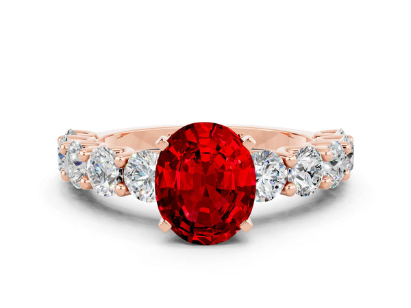 Rose gold Oval Cut Ruby Prong Setting with Side Stones on a Pave Band