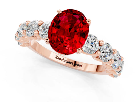 Rose gold Oval Cut Ruby Prong Setting with Side Stones on a Pave Band_1
