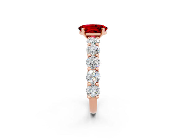 Rose gold Oval Cut Ruby Prong Setting with Side Stones on a Pave Band