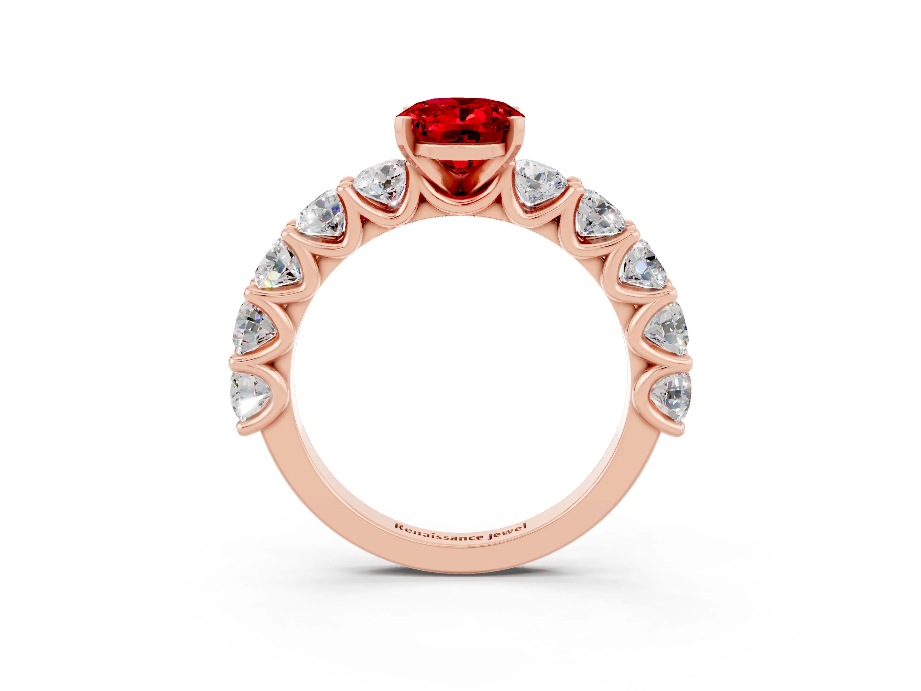 Rose gold Oval Cut Ruby Prong Setting with Side Stones on a Pave Band_3