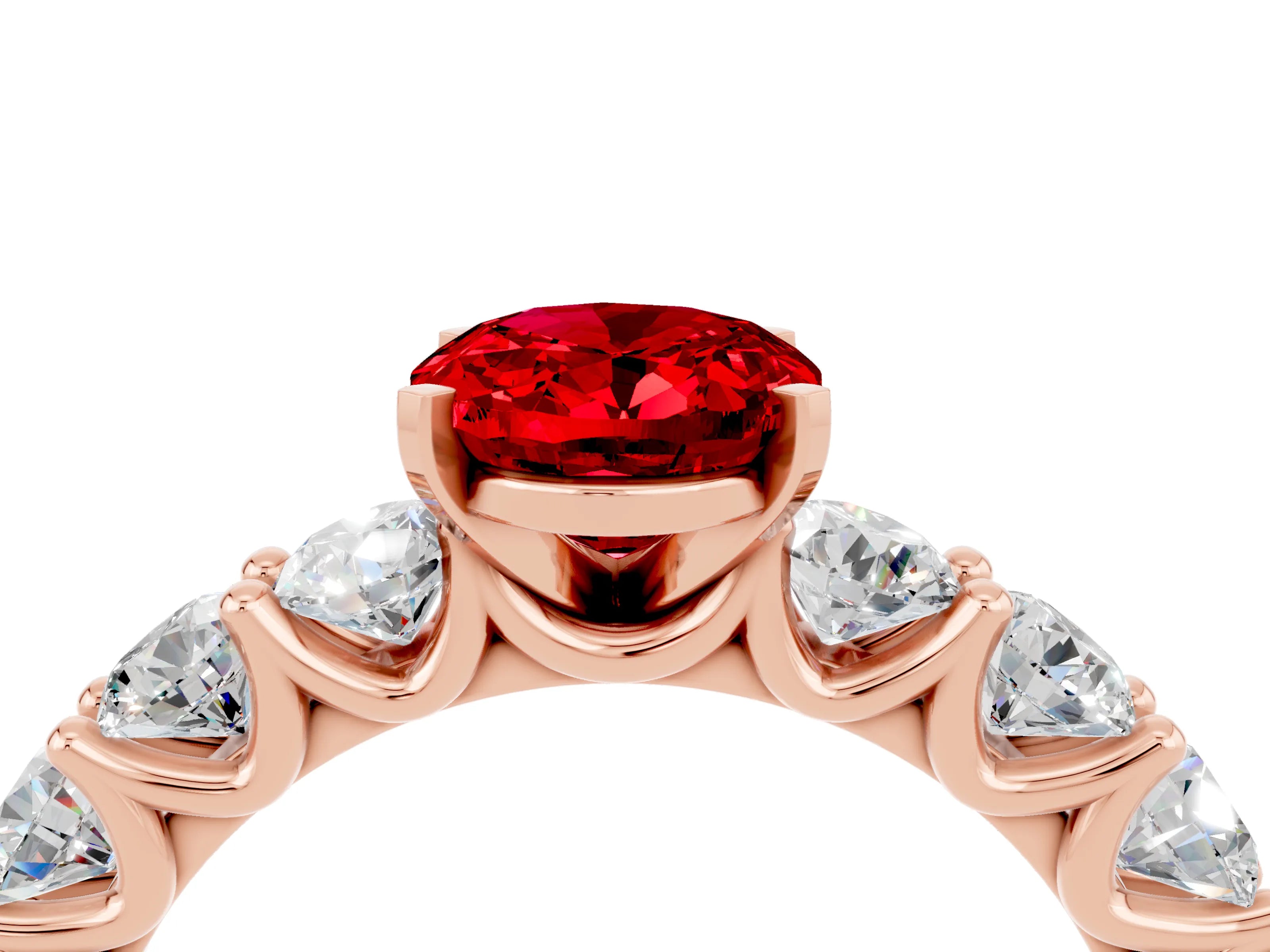 Rose gold Oval Cut Ruby Prong Setting with Side Stones on a Pave Band_4
