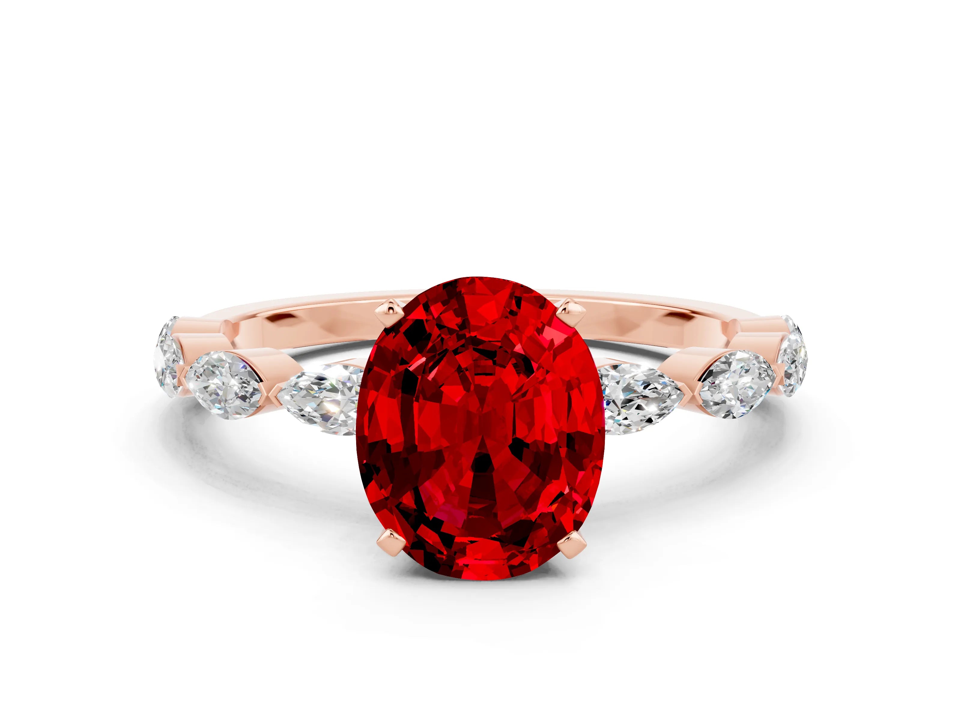 Rose gold Oval Cut Ruby Ring with Marquise Side Stones and Prong Setting