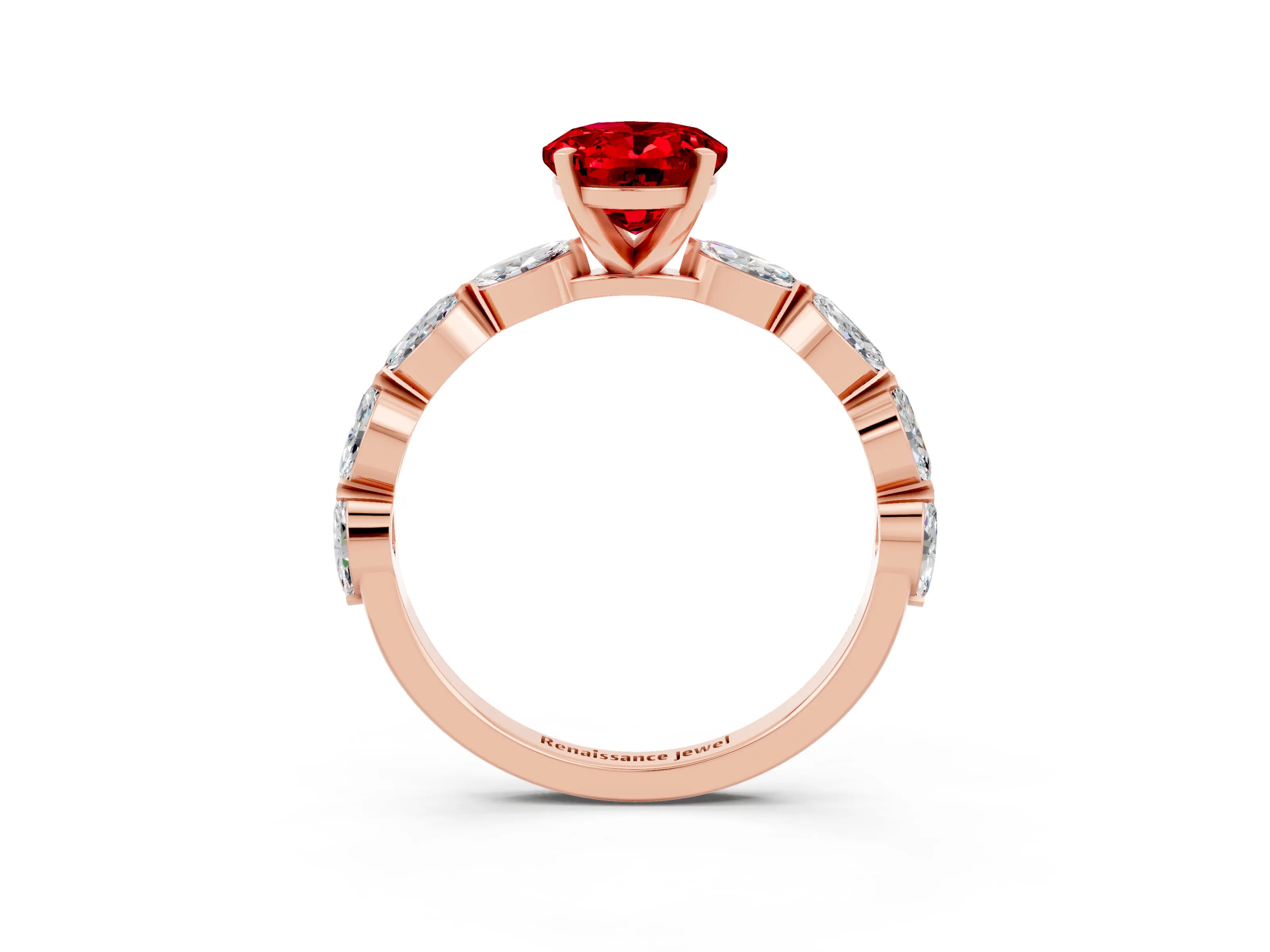 Rose gold Oval Cut Ruby Ring with Marquise Side Stones and Prong Setting_3