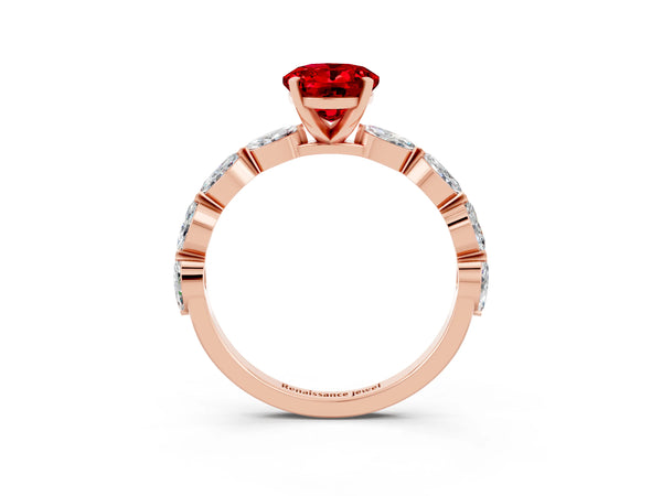 Rose gold Oval Cut Ruby Ring with Marquise Side Stones and Prong Setting