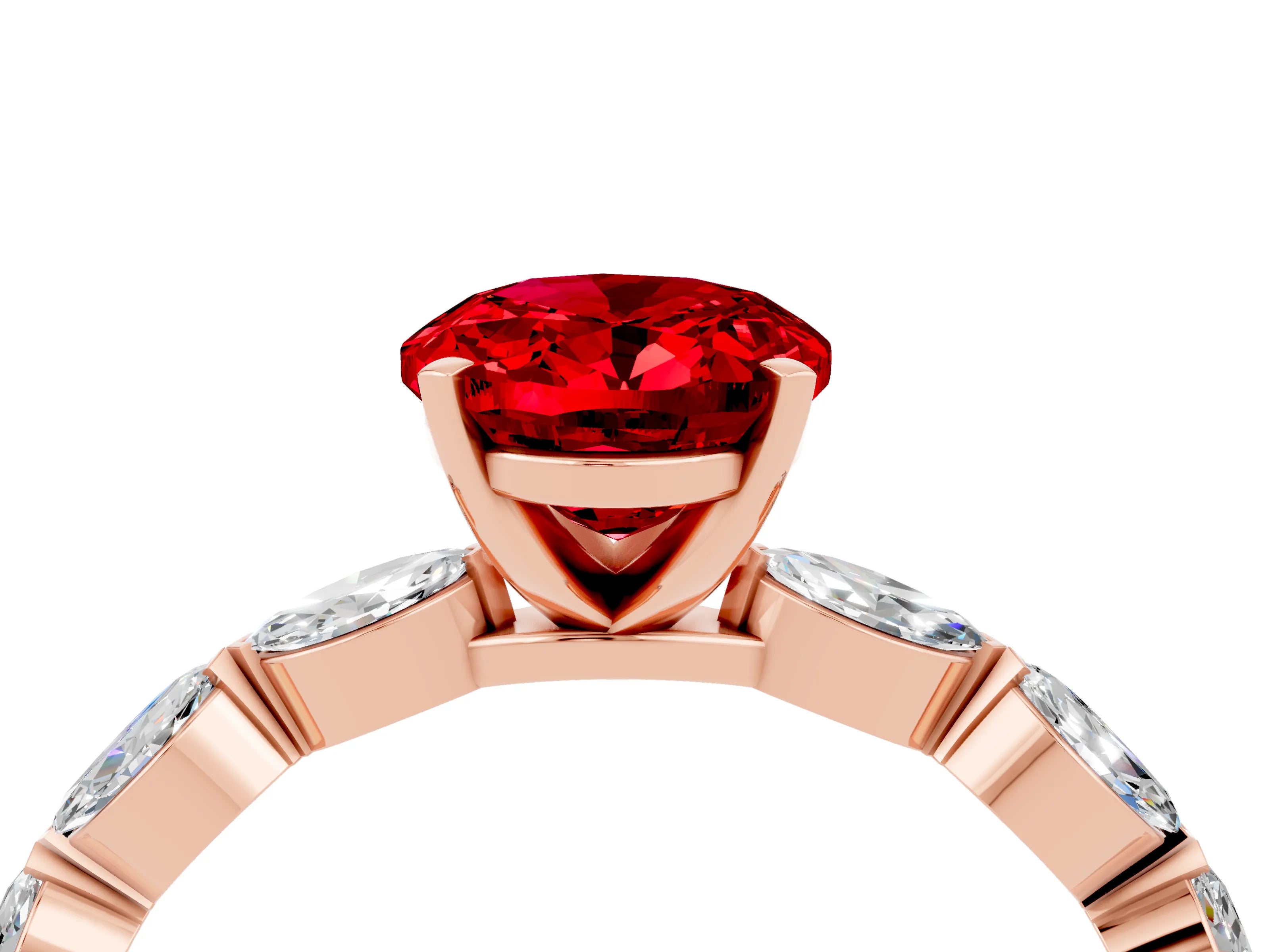 Rose gold Oval Cut Ruby Ring with Marquise Side Stones and Prong Setting_4
