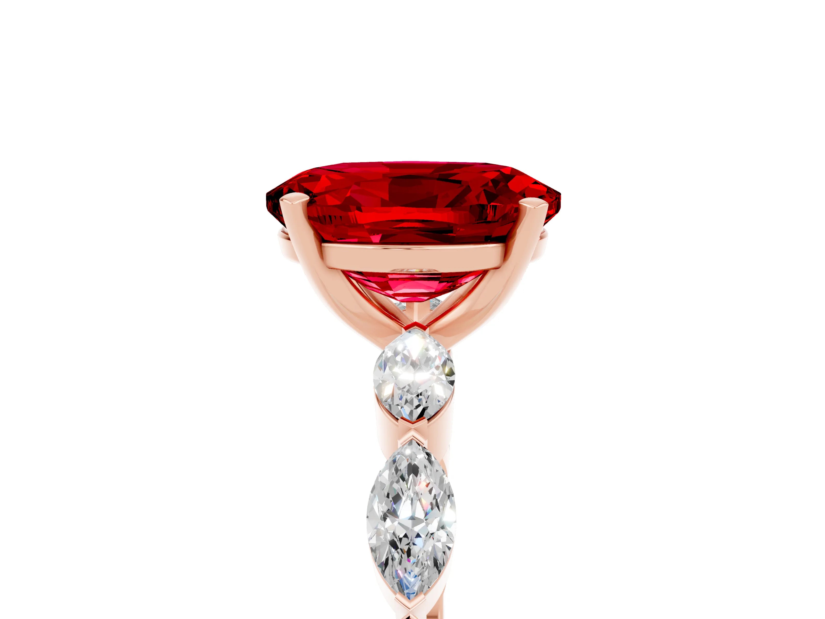 Rose gold Oval Cut Ruby Ring with Marquise Side Stones and Prong Setting_5