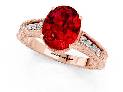 Rose gold Oval Cut Ruby Ring with Milgrain Pavé Band and Four-Prong Setting_13